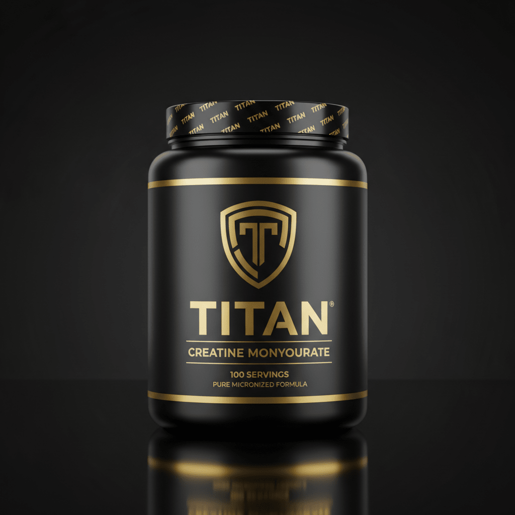 Black tub of TITAN Creatine Monohydrate with gold logo, text, and trim, labeled 100 servings, on black background.