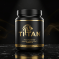 Black supplement jar with gold lion logo, "TITAN" branding, and "Pure Micronized Creatine" text on a marble surface.