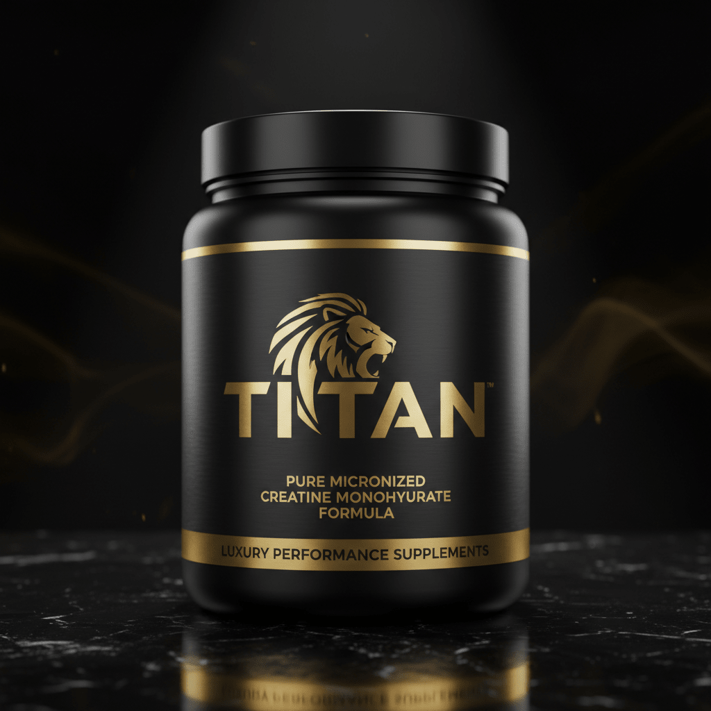 Black supplement jar with gold lion logo, "TITAN" branding, and "Pure Micronized Creatine" text on a marble surface.