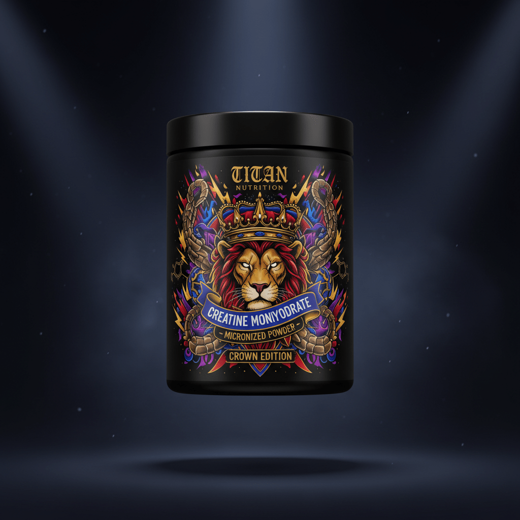 Black tub of Titan Creatine Monohydrate featuring a vibrant, ornate illustration of a lion wearing a gold crown.