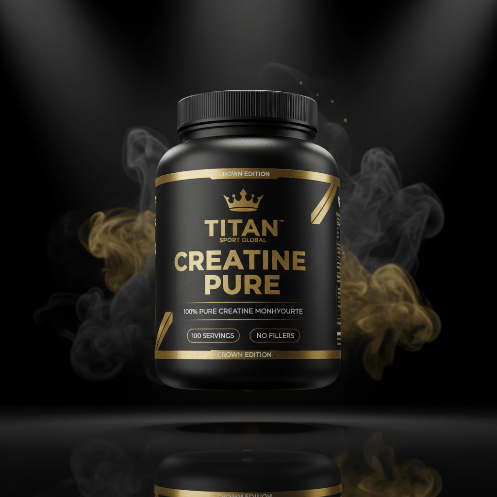 Black jar of TITAN Creatine Pure with gold text, crown logo, and 100 servings, surrounded by swirling dark smoke.