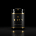 Black tub of TITAN Creatine Monohydrate with gold logo, text, and accent stripes against a dark, reflective background.
