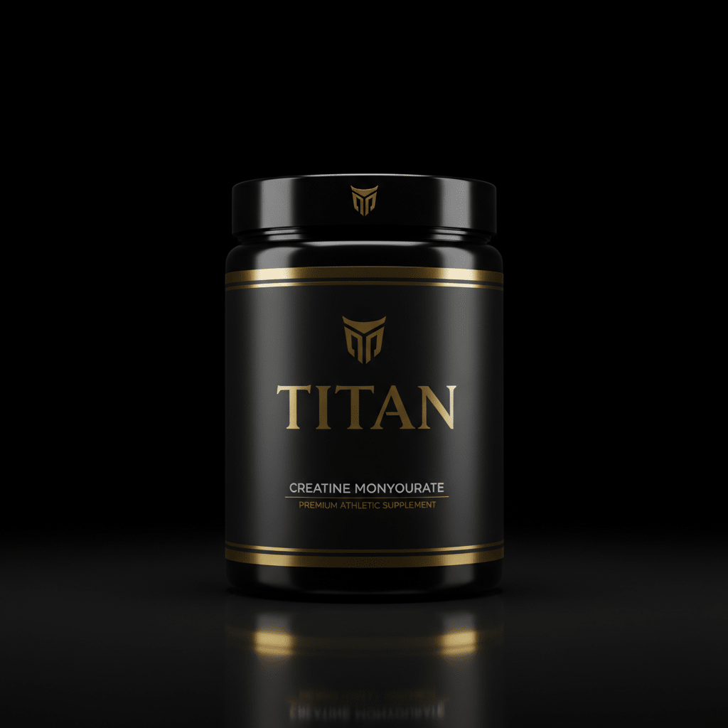 Black tub of TITAN Creatine Monohydrate with gold logo, text, and accent stripes against a dark, reflective background.