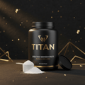 Black tub of TITAN Creatine Monohydrate with gold logo and text, scoop of white powder, and gold geometric accents.