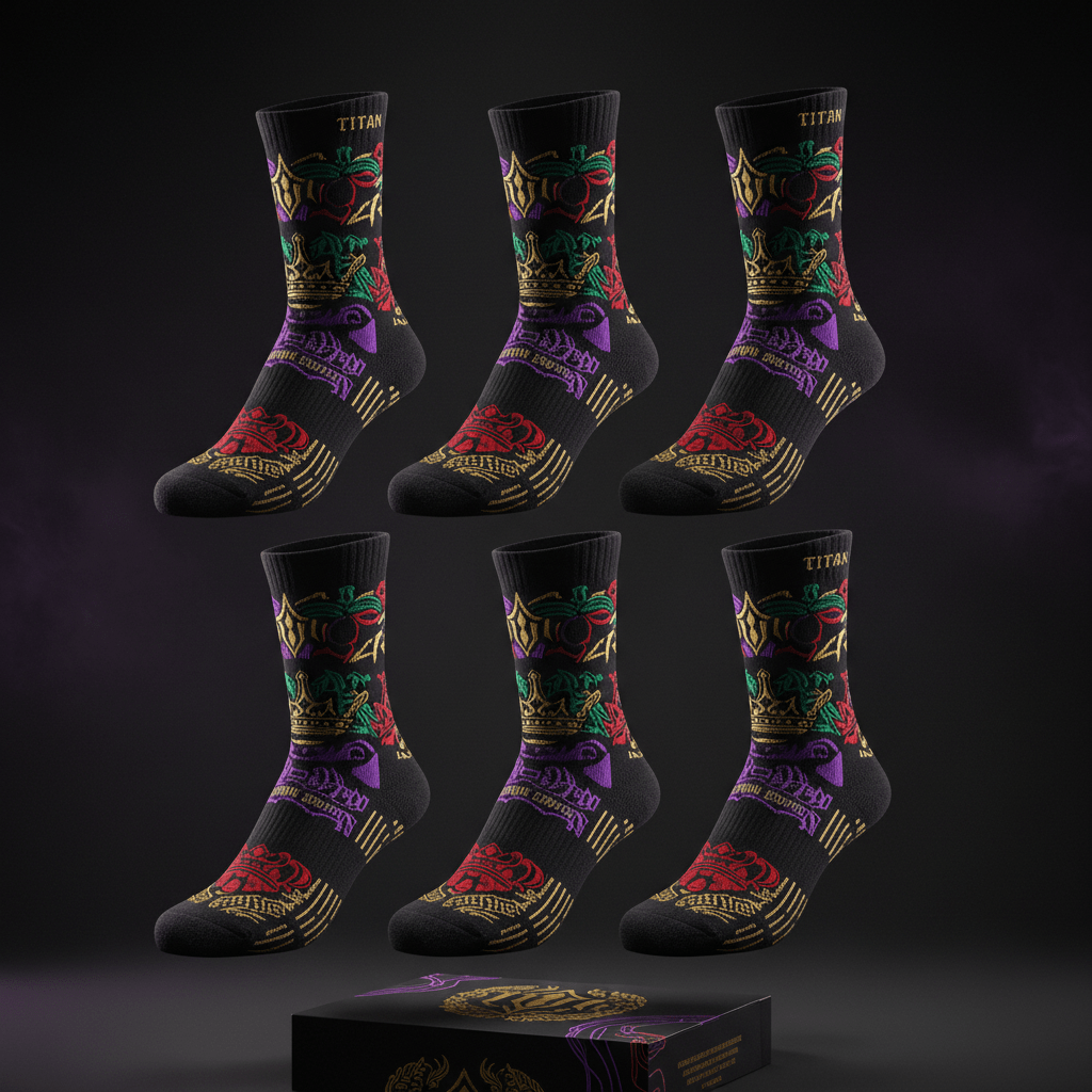 Six black crew socks with gold, red, green, and purple regal crown and crest patterns, plus branded display box.