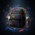 TITAN crossbody bag in a purple and teal crown-patterned print with gold hardware and two attached Apple AirTags.