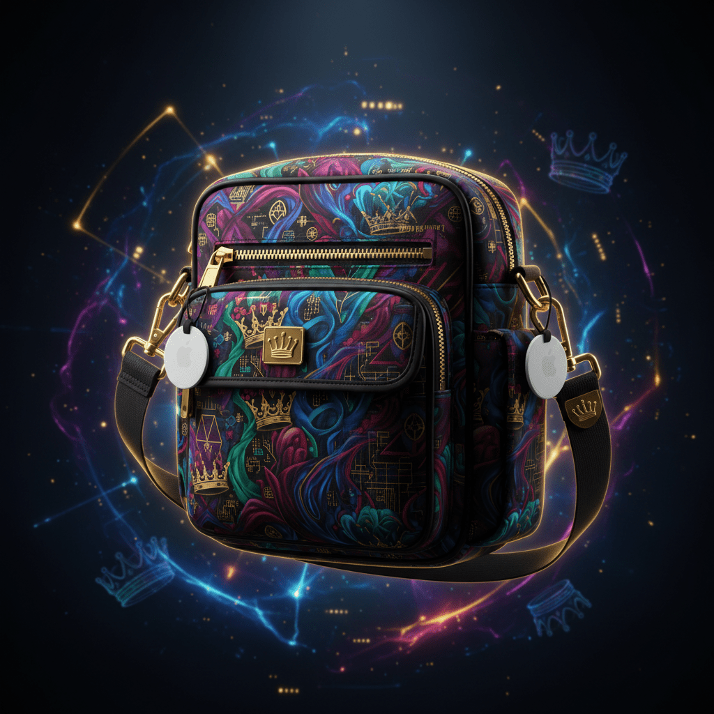 TITAN crossbody bag in a purple and teal crown-patterned print with gold hardware and two attached Apple AirTags.
