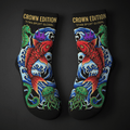Black crew socks with gold "Crown Edition" text featuring red koi fish, purple crowns, blue waves, and green sea life.