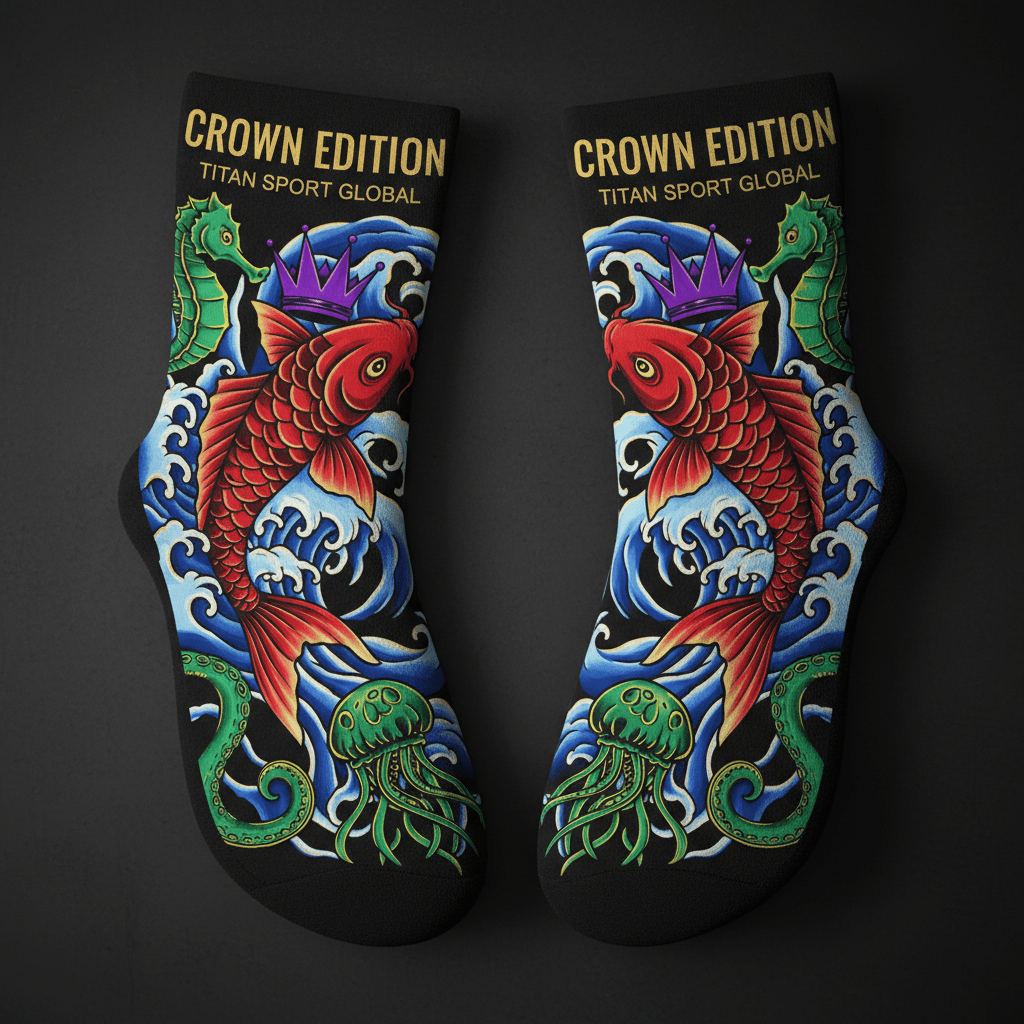 Black crew socks with gold "Crown Edition" text featuring red koi fish, purple crowns, blue waves, and green sea life.