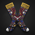 TITAN Crown Edition baseball stirrups featuring an eagle, crown, and lightning tattoo art in red, blue, gold, and white.