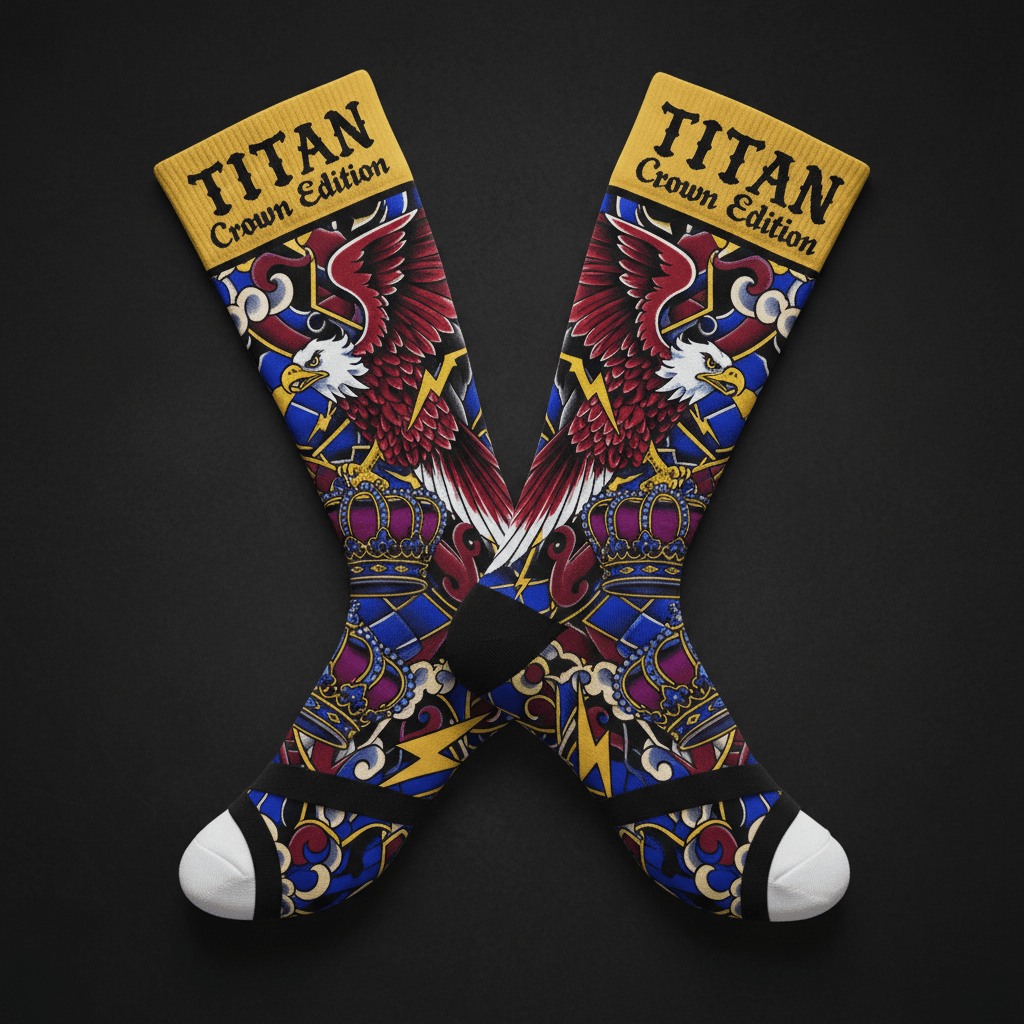 TITAN Crown Edition baseball stirrups featuring an eagle, crown, and lightning tattoo art in red, blue, gold, and white.