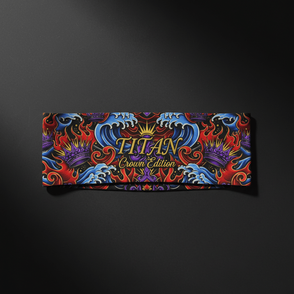 TITAN Crown Edition athletic headband featuring vibrant tattoo-style art with gold crowns, blue waves, and red flames.