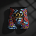 TITAN Crown Edition support shorts with red dragon, purple crown, and blue wave tattoo art on a black background.