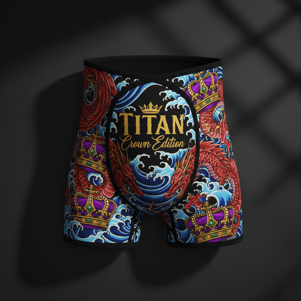 TITAN Crown Edition support shorts with red dragon, purple crown, and blue wave tattoo art on a black background.