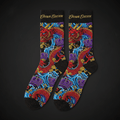 TITAN Crown Edition recovery socks feature a vibrant red dragon, purple crowns, and blue waves on a black background.