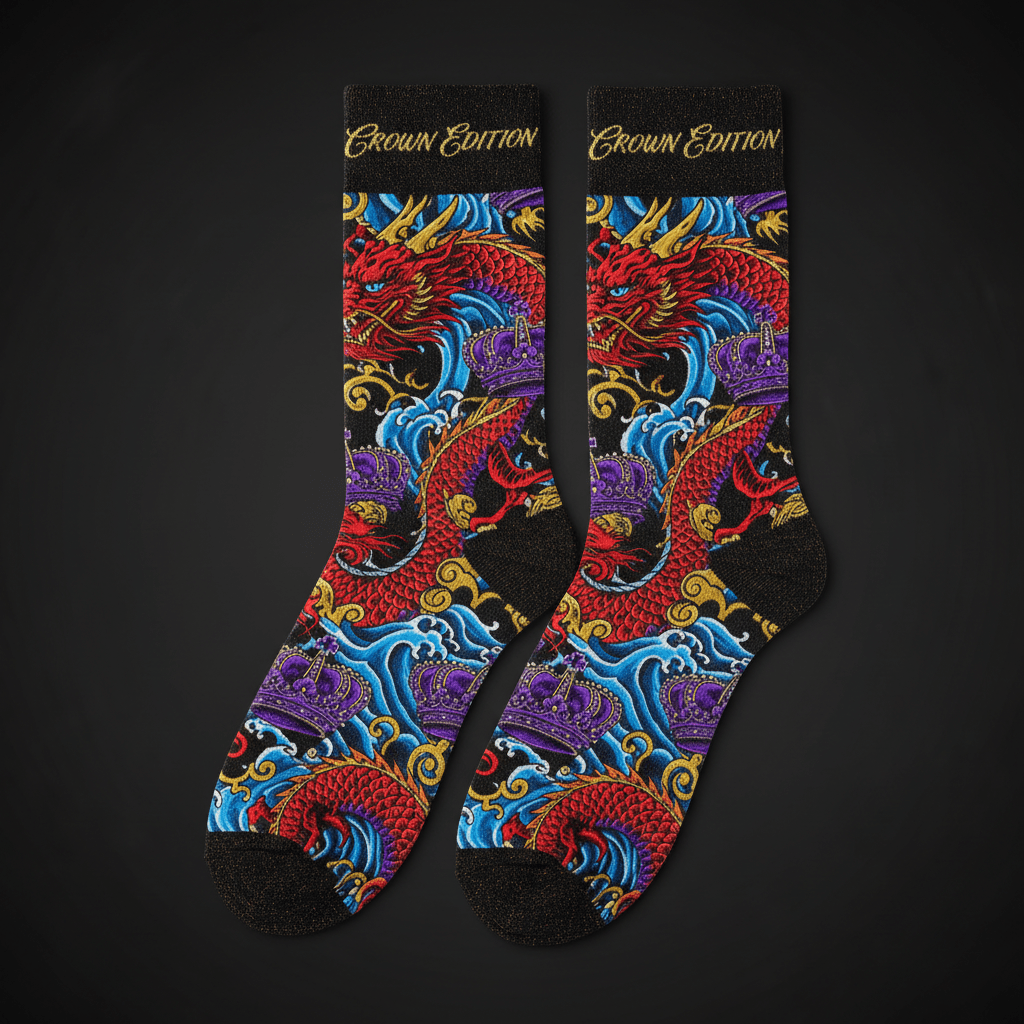 TITAN Crown Edition recovery socks feature a vibrant red dragon, purple crowns, and blue waves on a black background.