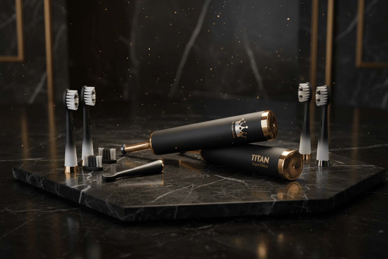 TITAN Crown Edition black and gold toothbrushes on a marble surface with crown logo and white charcoal bristles.