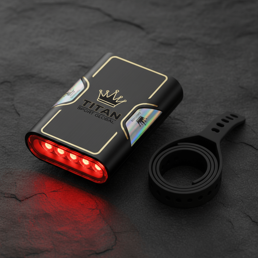 TITAN Crown Edition cycling rear light in matte black with gold logo, iridescent accents, and glowing red LEDs.