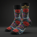 Black crew socks with gold "Crown Edition" logo, red lotus flowers, purple crowns, and blue Japanese-style wave art.