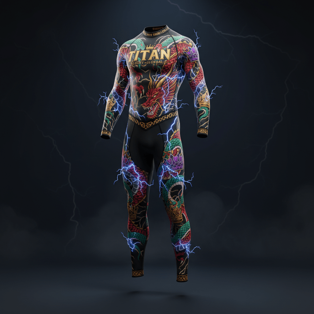 TITAN Crown Edition compression suit with red dragon, gold logo, and vibrant tattoo art on black, surrounded by lightning.
