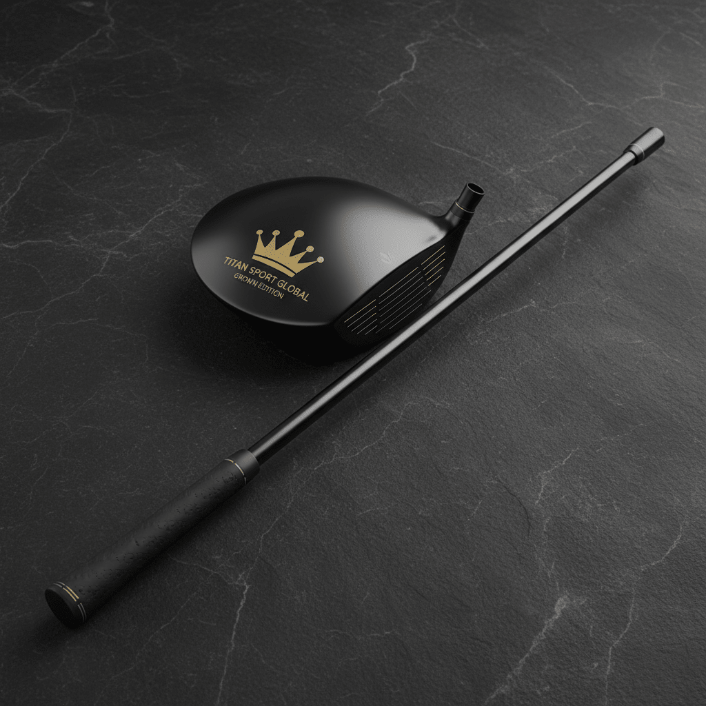 Matte black Titan Crown Edition golf swing trainer with gold crown logo on textured slate background.