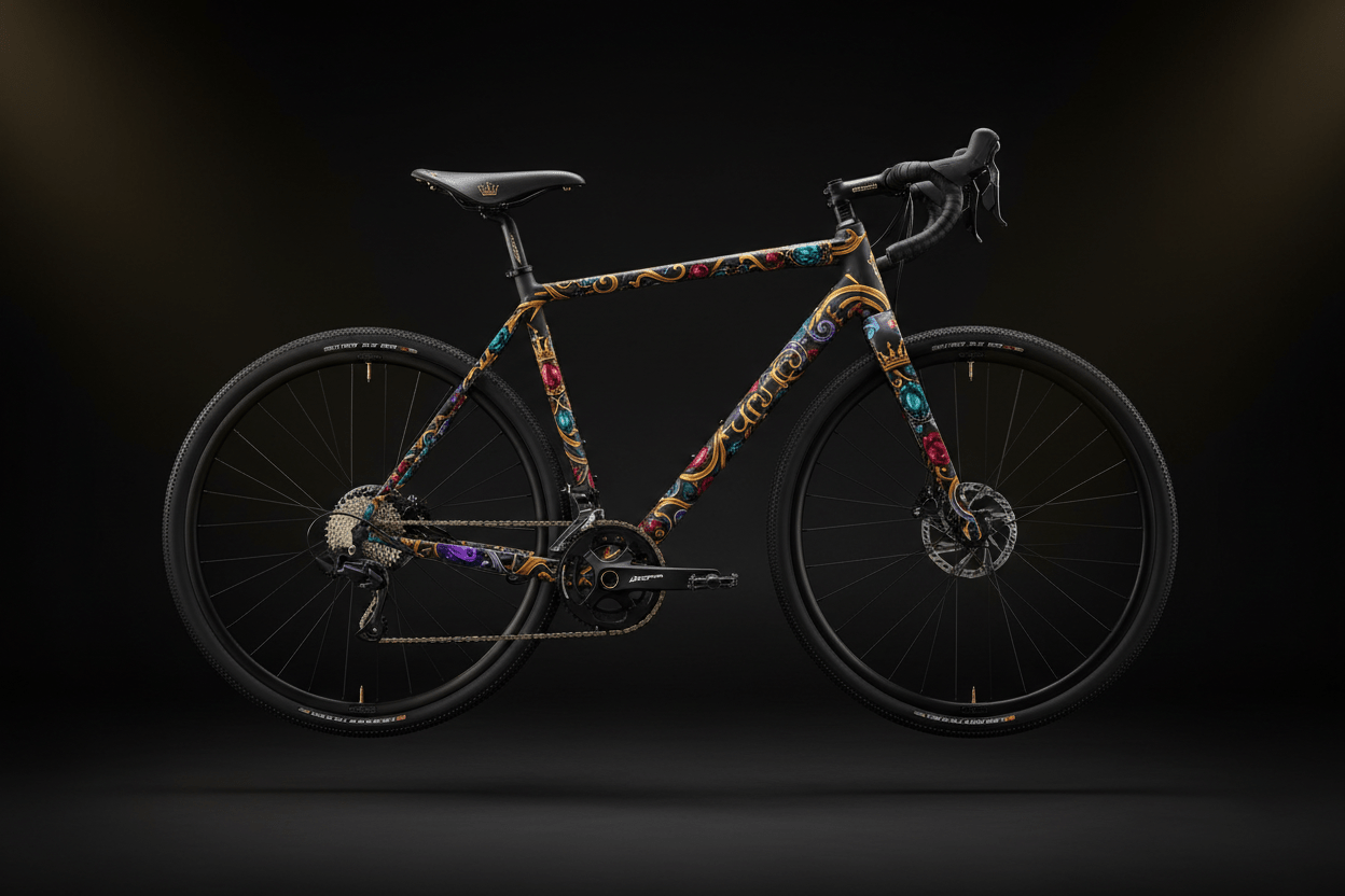 TITAN Crown Edition gravel bike with a black frame featuring ornate gold filigree and colorful jewel-tone patterns.