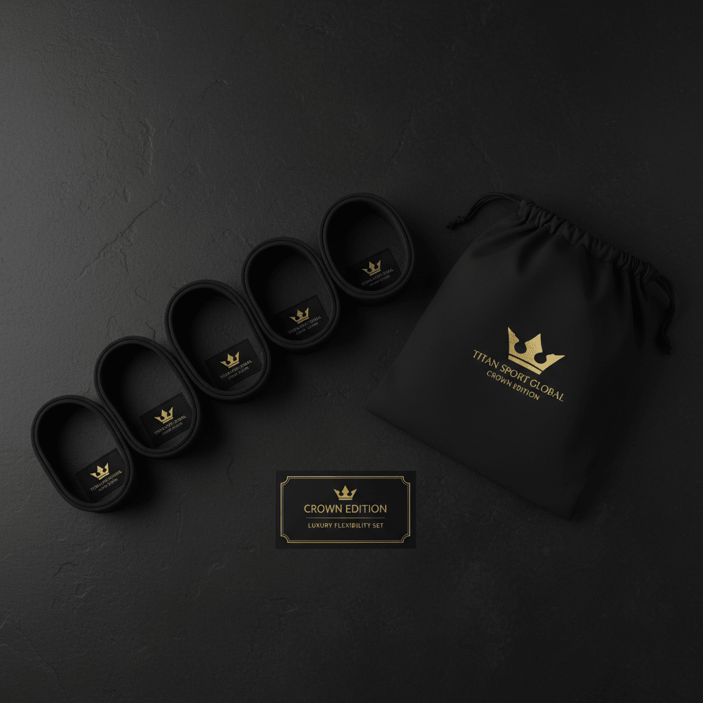 Four black resistance bands, a matching drawstring bag, and a gold-accented box, all with gold crown logos.
