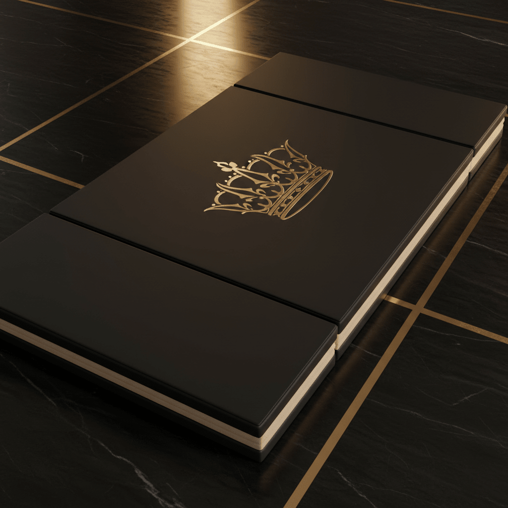 Black folding gymnastics mat with a gold crown logo on a matching black marble floor with gold inlay lines.