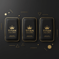 Three black rectangular Titan Crown Edition gel ice packs with gold trim, logos, and geometric accents on black.