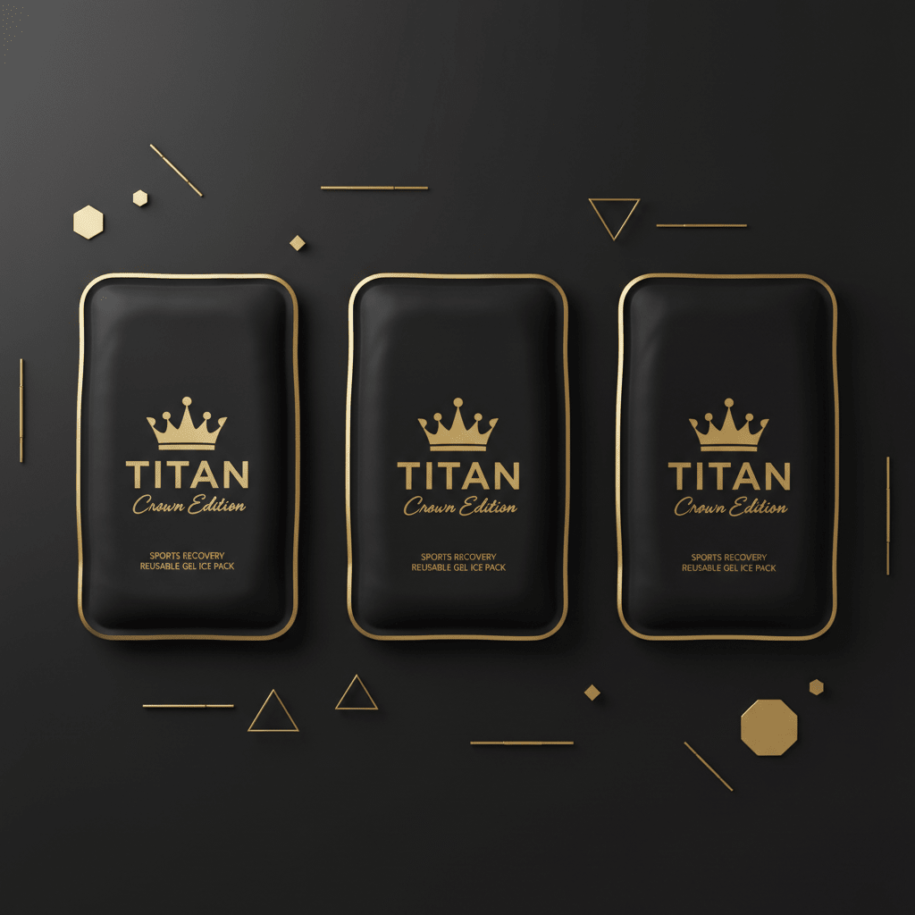 Three black rectangular Titan Crown Edition gel ice packs with gold trim, logos, and geometric accents on black.