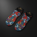 TITAN Crown Edition liner socks with tattoo-style purple crowns, red flames, and blue waves on a black background.