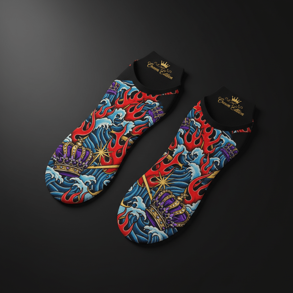 TITAN Crown Edition liner socks with tattoo-style purple crowns, red flames, and blue waves on a black background.