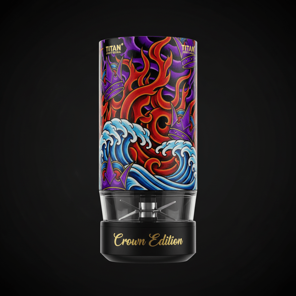TITAN Crown Edition blender with vibrant fire and wave graphics, purple crowns, and black base with gold lettering.