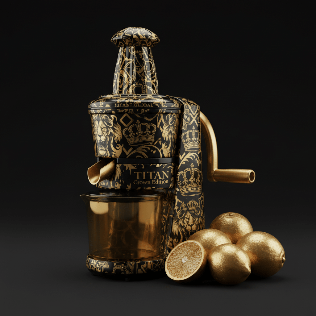 Titan Crown Edition manual juicer in black and gold with lion and crown patterns, gold handle, and metallic oranges.