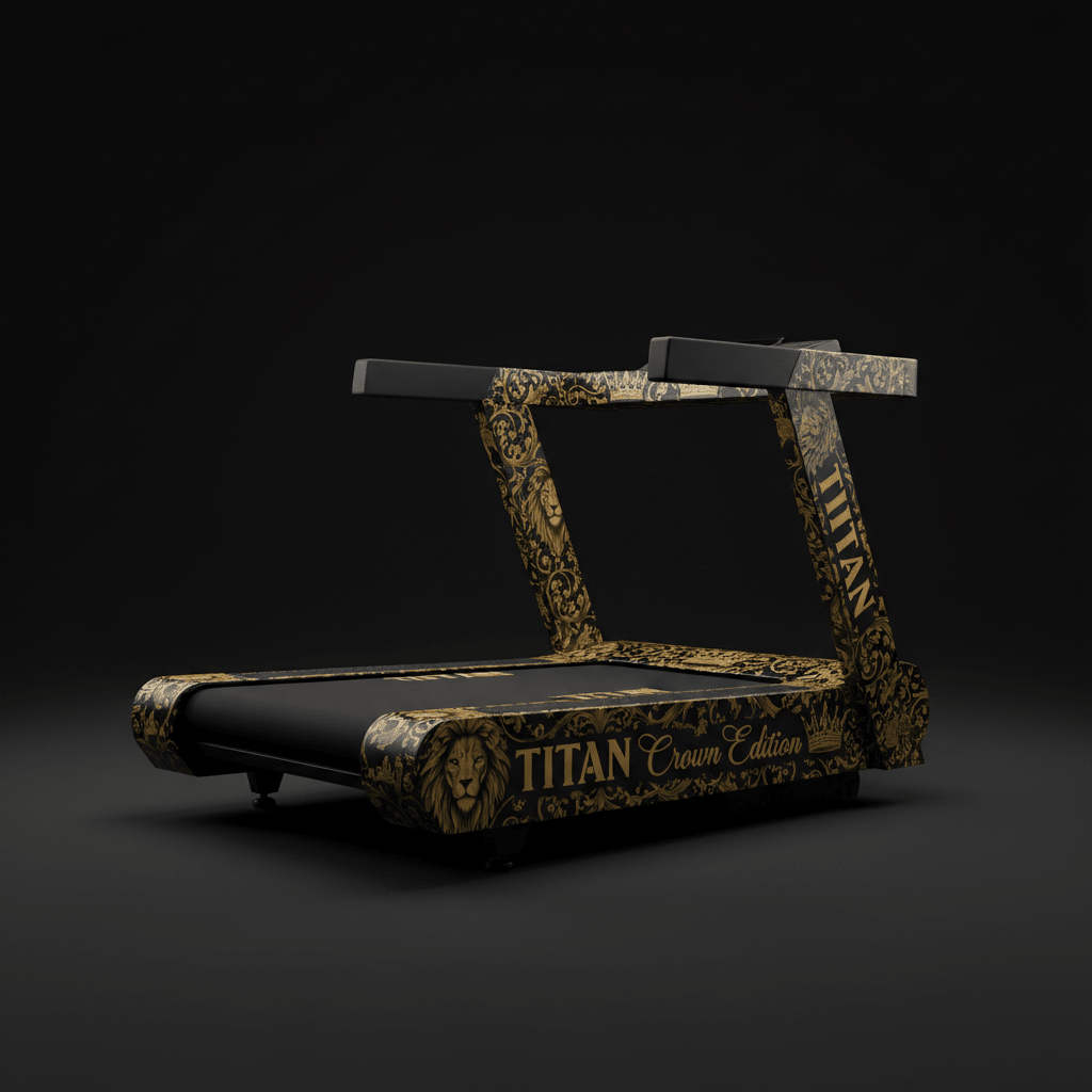 TITAN Crown Edition manual curved treadmill in black with intricate gold lion, crown, and baroque scroll patterns.