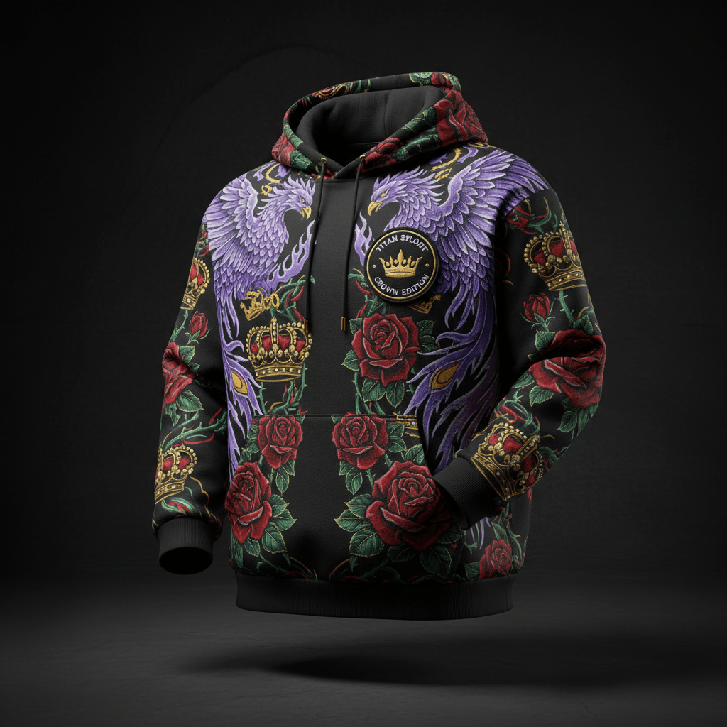 Black hoodie with purple phoenix, red roses, gold crown patterns, and a round TITAN SPORT Crown Edition chest patch.