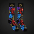 Black rugby socks featuring red lions, blue shields, and gold crowns in a vibrant, artistic tattoo-style pattern.