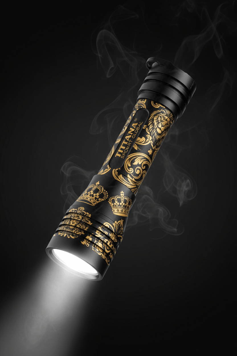 TITAN Crown Edition torch in matte black with gold crown and lion filigree patterns, emitting a bright LED beam.