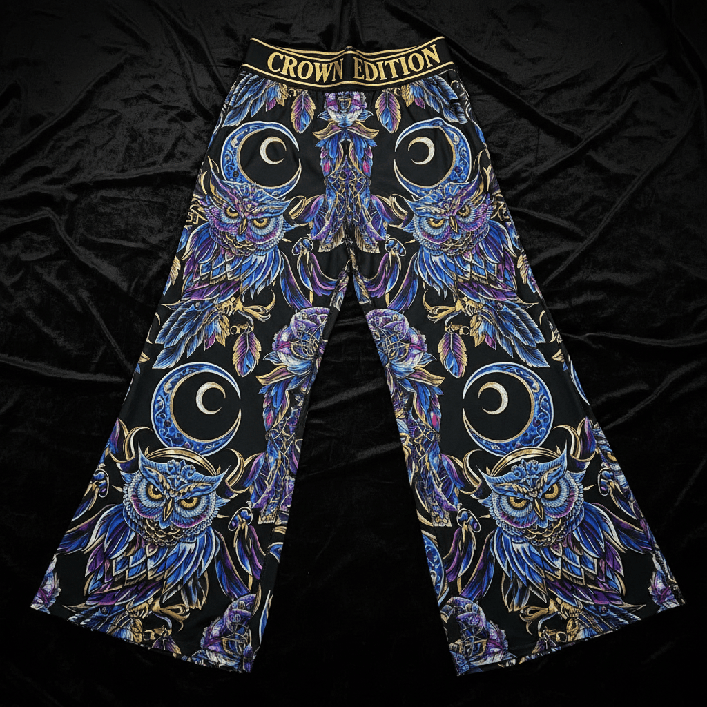 TITAN Crown Edition palazzo pants featuring blue and purple owl and crescent moon tattoo art on a black background.