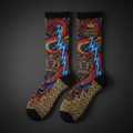 TITAN Crown Edition crew socks with red snake, gold crown, blue lightning, and ornate tattoo-style patterns on black.