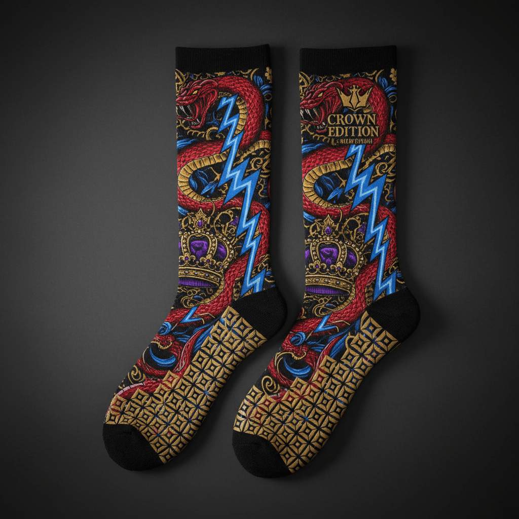 TITAN Crown Edition crew socks with red snake, gold crown, blue lightning, and ornate tattoo-style patterns on black.