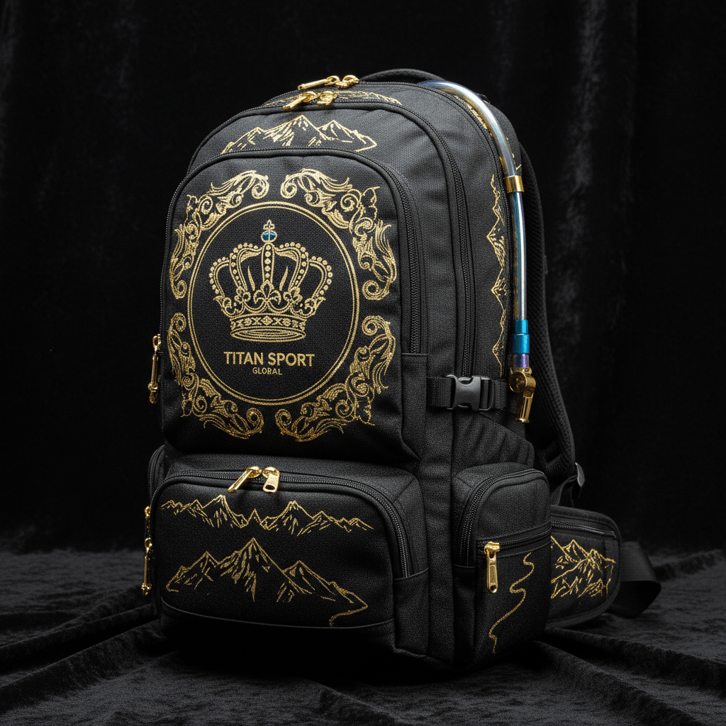 Black hiking pack with gold crown logo, ornate filigree, mountain graphics, and metallic gold zippers.