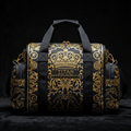 Black TITAN Crown Elite duffel with gold filigree, royal crown logo, and grappling wrestler motifs on sides.
