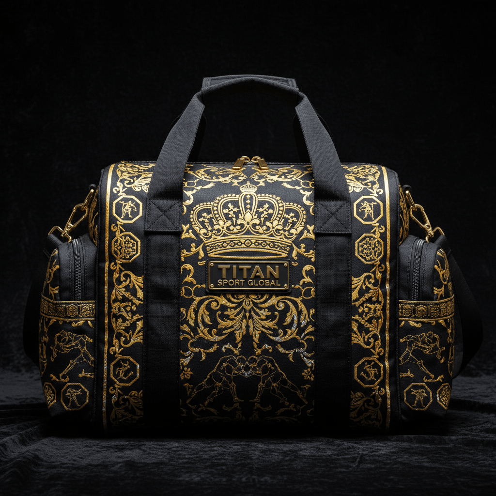 Black TITAN Crown Elite duffel with gold filigree, royal crown logo, and grappling wrestler motifs on sides.