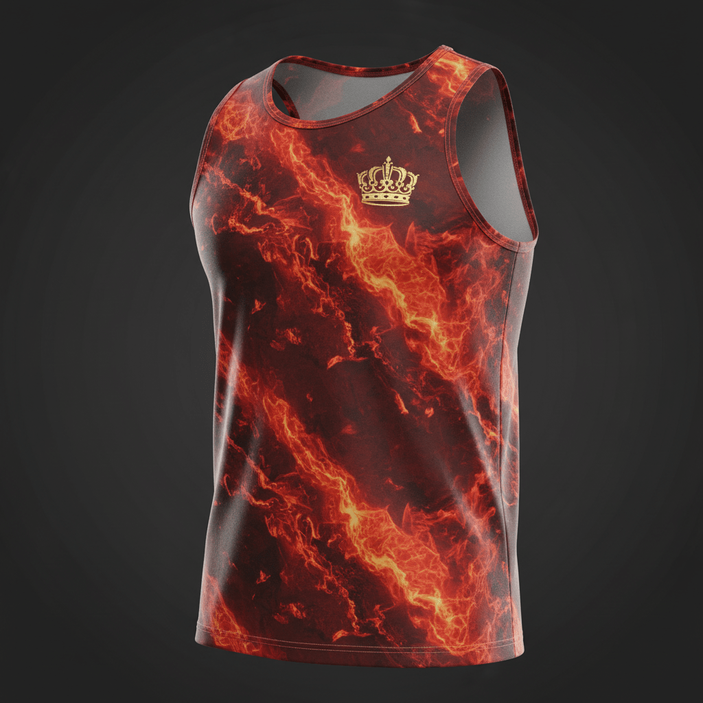 Red and orange lava-patterned tank top with a small, metallic gold crown logo on the left chest.