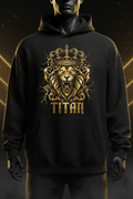 TITAN Crown oversized hoodie in Midnight Black with a gold lion, royal crown, and lightning graphic.