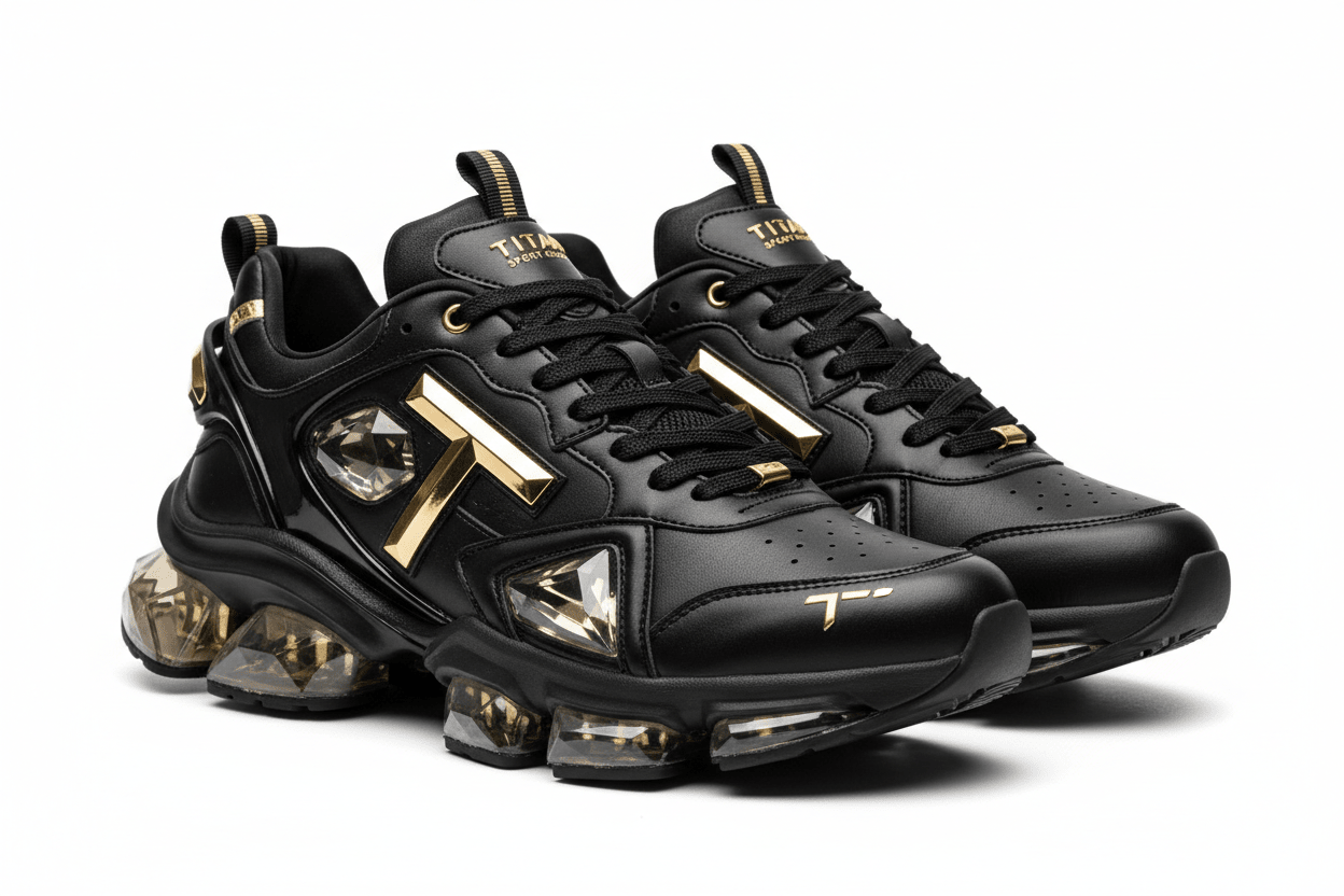 Black TITAN Crystal Crown sneakers with gold logo accents, crystal-embellished sides, and translucent diamond-cut soles.