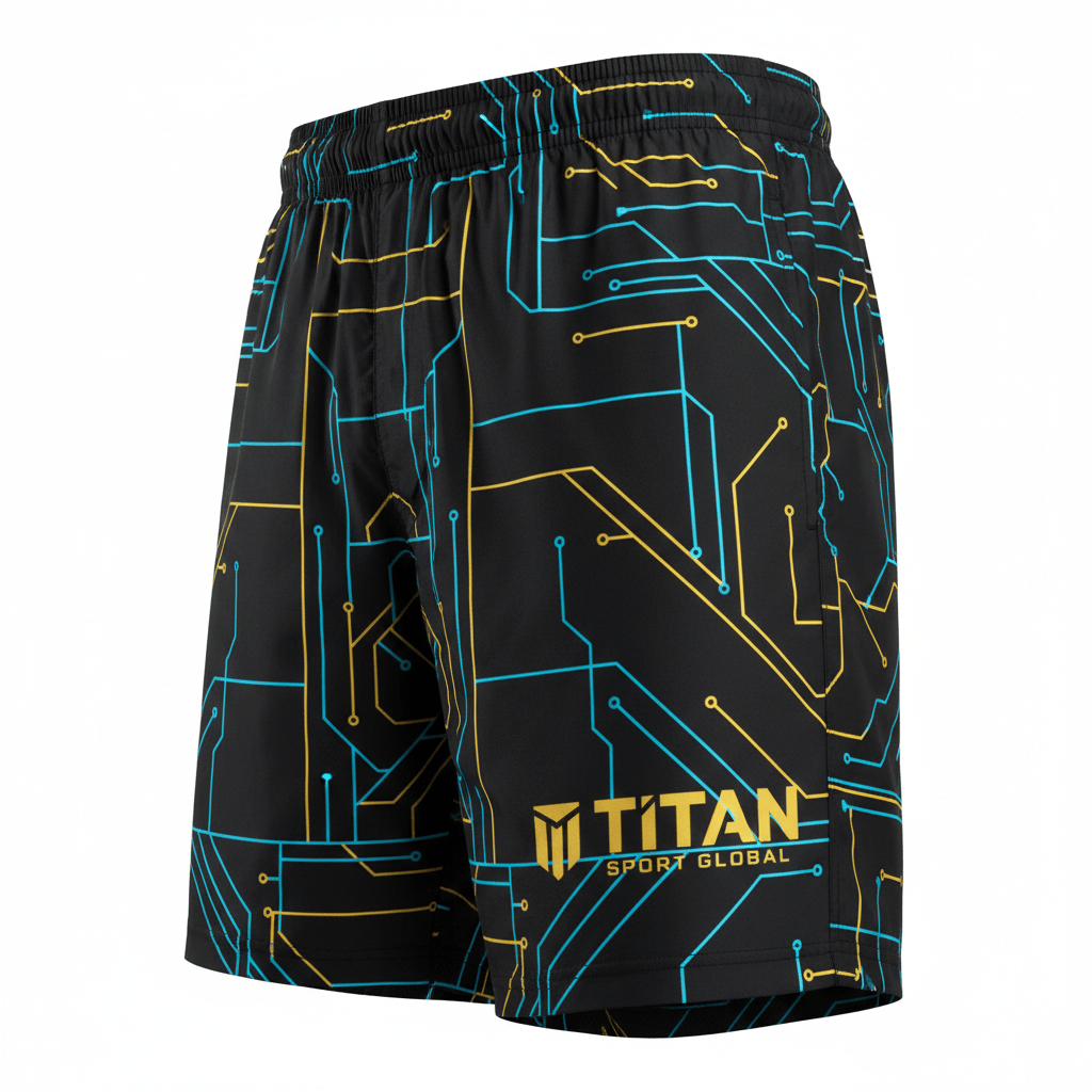 Black athletic shorts with neon blue and yellow circuit board pattern and TITAN SPORT GLOBAL logo on the lower leg.