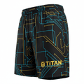 Black athletic shorts with neon blue and yellow circuit board pattern and TITAN SPORT GLOBAL logo on the lower leg.