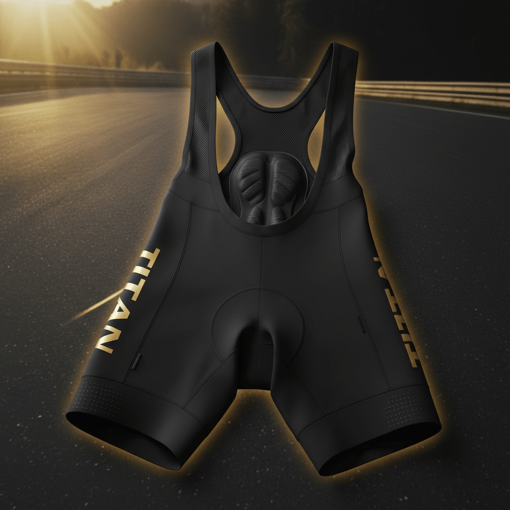 Black TITAN cycling bib shorts with gold branding, mesh straps, and integrated padding on a road background.